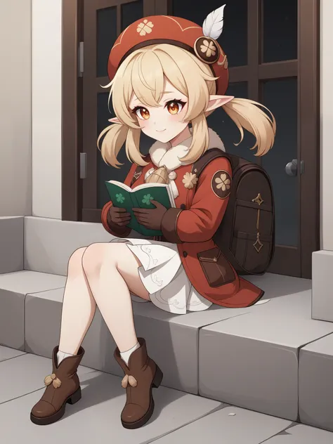 Klee. Genshin Impact. Age: she is ten years old. 
Appearance: pale skin, orange eyes, blonde hair in pigtails, and elf ears. 
Clothing: a red flat hat with a feather on top, light brown gloves, a fluffy scarf with a pompom, a dark reading backpack, a red c...