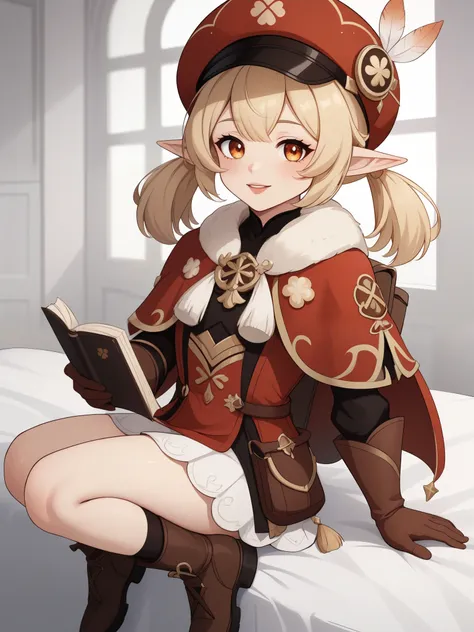 Klee. Genshin Impact. Age: she is ten years old. 
Appearance: pale skin, orange eyes, blonde hair in pigtails, and elf ears. 
Clothing: a red flat hat with a feather on top, light brown gloves, a fluffy scarf with a pompom, a dark reading backpack, a red c...