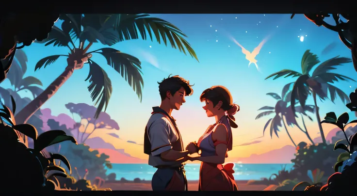 Silhouette of two men and women looking at each other with smiles、A Hawaiian-style room with lights and palm trees around.