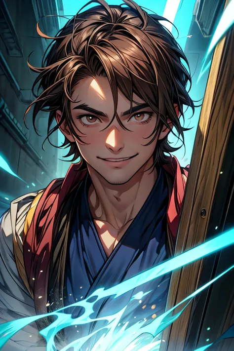 (masterpiece), best quality, expressive eyes, perfect eyes, perfect face, a mature man wearing a jedi robe,  intricated cloths,anime style, confident smile,  dark_brown hair, hispanic, extreme short hair, 1man, male hair cut, brown eyes,