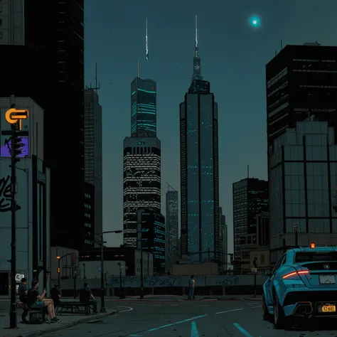 (masterpiece), (graffiti),, (street), (los angeles city neon lights), (blue tint), (skyscrapers), (realistic illustration), (cinematic), (night), (city skylines), (man back silhouette sitting)