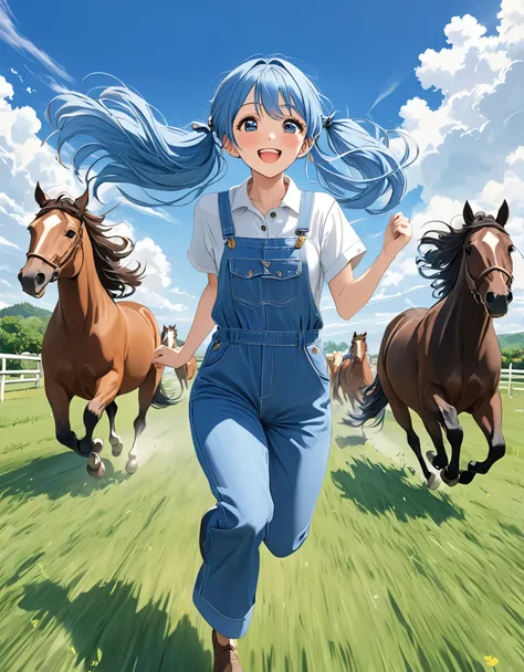 Light blue long hair、Beautiful girl with twin tails 、Thoroughbred ranch 、A field of grass、Denim jumpsuit、 is running with lots of horses with a smile and raising one hand、go go、 running facing forward 、White clouds in the blue sky