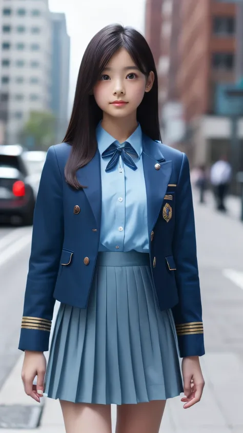 (Highest Resolution, clearly_image), Best Quality, masterpiece, Very detailed, Semi-realistic, (Long Hair、straight、 women with dark hair ), Dark Eyes, Mature, Mature woman, Royal Sister, sexy、((Uniform,  Blue Jacket, soldier)), (((Light blue pleated skirt,...