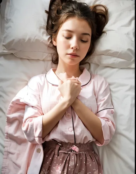 (best quality, masterpiece) A  girl, exactly same face as image, full body  curled up on bed, wear pink pajamas, sleeping deeply, white background