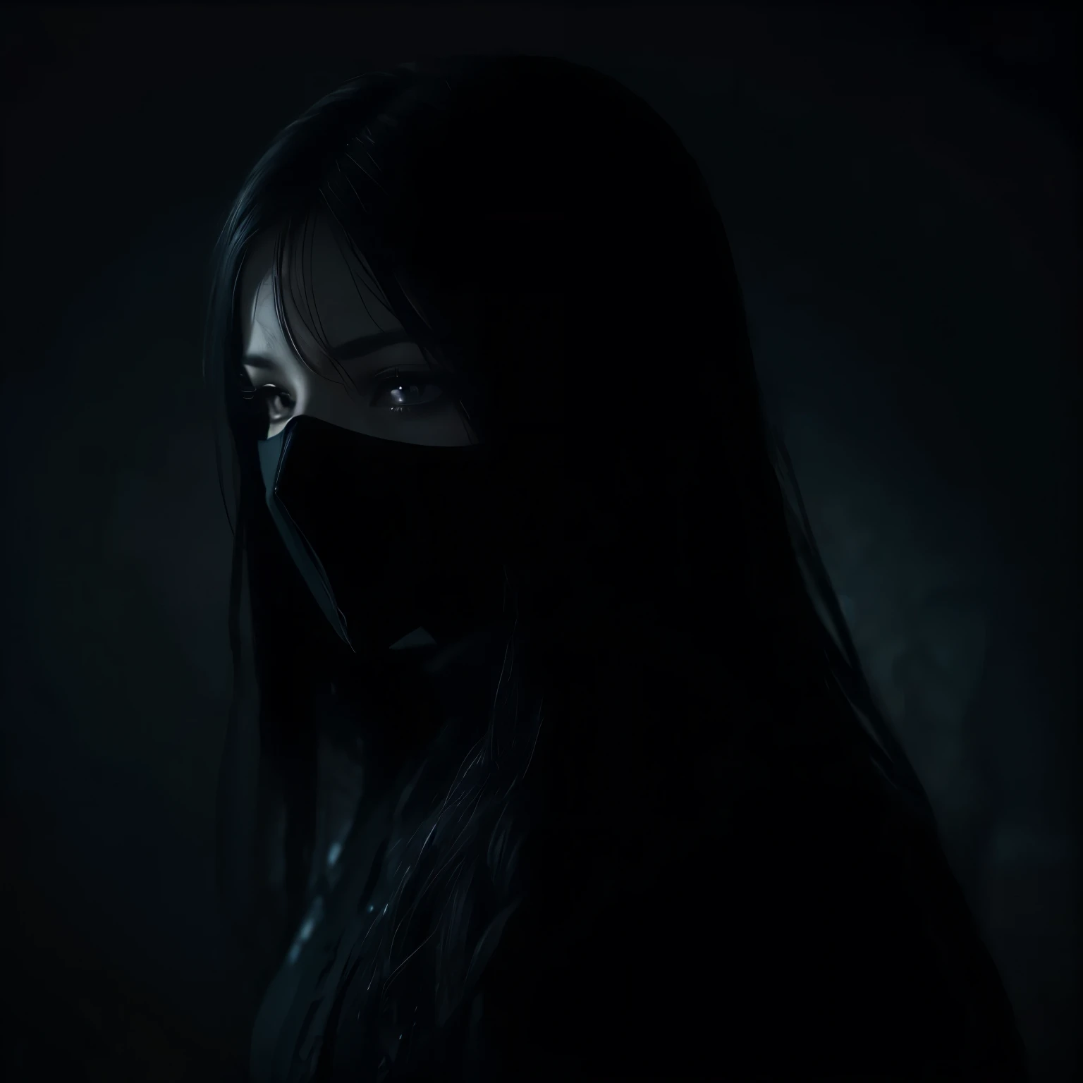 Portrait of a woman hiding in the dark wearing a mask, motion, surrealist, darkness, dark fantasy, dramatic light, by Aitor Throup, on foggy forest
