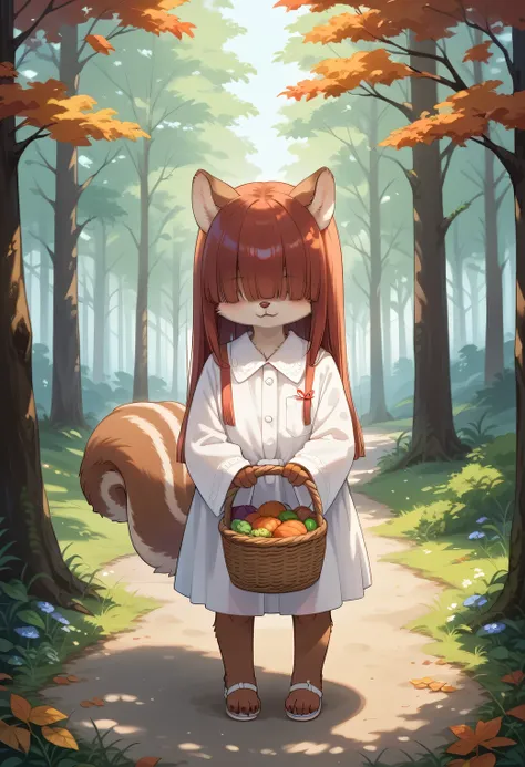 score_9, score_8_up, score_7_up, score_6_up, score_5_up, score_4_up, source_anime, best quality, amazing quality, very aesthetic, absurdres, 1girl, (furry, kemono:1.1), squirrel, (hair over eyes, hair covered eyes, hime cut), A basket full of freshly harve...