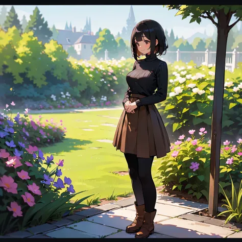 (high quality, High resolution, Very detailed, reality:1.37), Peaceful atmosphere, (Outdoor, garden), Teenage girl standing alone, (My breasts are large.), Beautiful details, Cute Smile, (Black bob hair), Ribbed sweater,Brown skirt, Black tights, Brown boo...