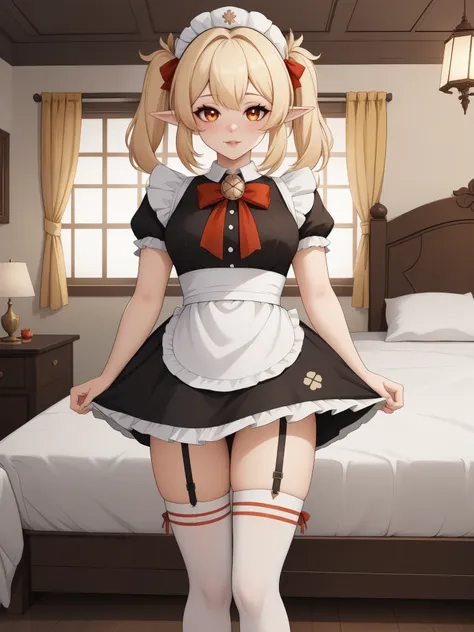 Klee. Genshin Impact. Age: she is ten years old. 
Appearance: pale skin, orange eyes, blonde hair in pigtails, and elf ears. 
Clothing: red maid dress. stockings.
bedroom