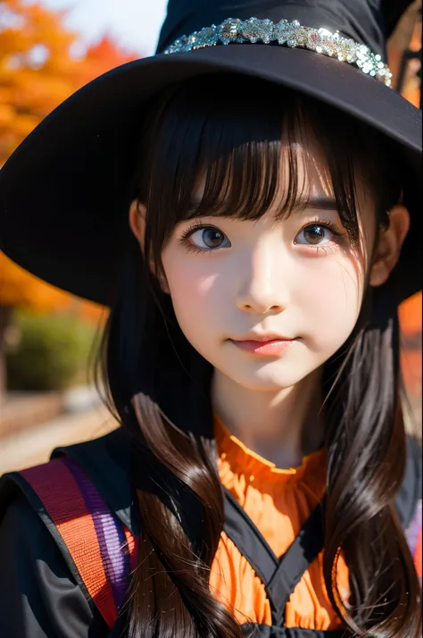 (Beautiful  Japanese female), dressed as Halloween witch, cute face, (deeply carved face:0.7), (freckles:0.6), soft light, healthy white skin, shy, bob, (serious face), (sparkling eyes), thin, wearing gothic Halloween dress and witch hat, black and orange ...