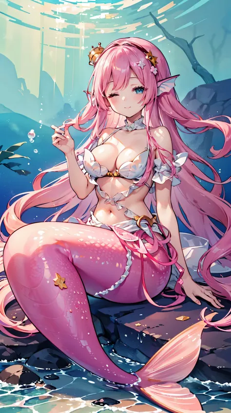 (masterpiece,  best quality),(full fingers),a girl,pink hair,hair accessories, white dress,head fin,solitary,big breasts,mermaid...