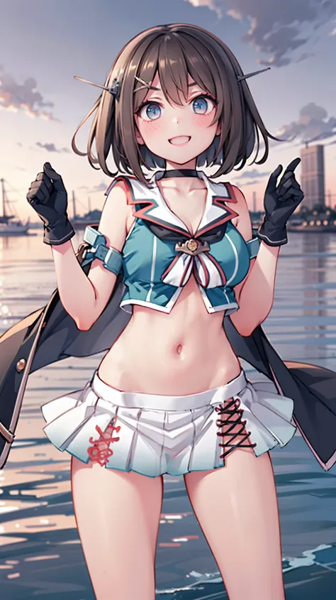 best quality, integrated scenery, integrated background, extremely delicate and beautiful, meticulous details, good composition, , cute face, perfect face, perfect hands,an anime style ,1young_teen_ girl, brown_hair, medium_bob_hair, blue_midriff_baring_s...