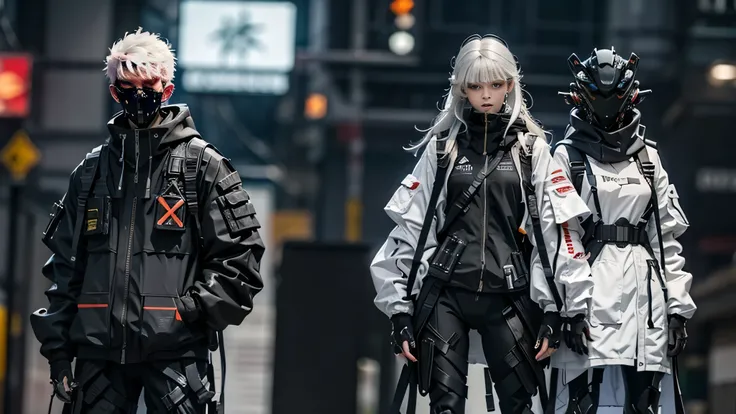 1girll,focal point：Shoot from head to shoe full body！ （Full body shooting from head to shoe），helmet, Hood, Solo, Spacesuit, Extra-long_Hair, bangs, Jacket, The upper part of the body_Body, White_Hair, bag, Blurry, Coat, Grey_Eyes, Mask, Blurry_Background, ...