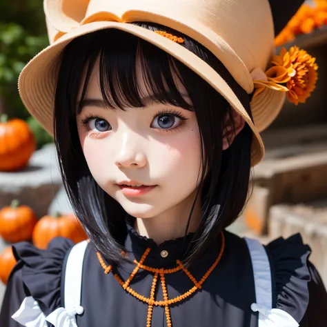 (Beautiful  Japanese female), dressed as Halloween witch, cute face, (deeply carved face:0.7), (freckles:0.6), soft light, healthy white skin, shy, bob, (serious face), (sparkling eyes), thin, wearing gothic Halloween dress and witch hat, black and orange ...