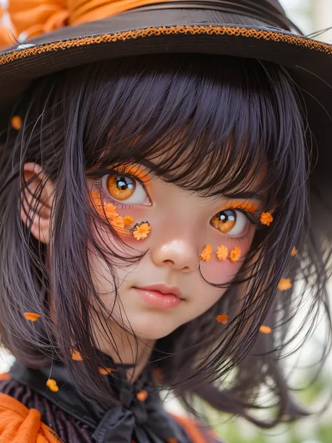 (Beautiful Japanese female), dressed as Halloween witch, cute face, (deeply carved face:0.7), (freckles:0.6), soft light, healthy white skin, shy, bob, (serious face), (sparkling eyes), thin, wearing gothic Halloween dress and witch hat, black and orange t...