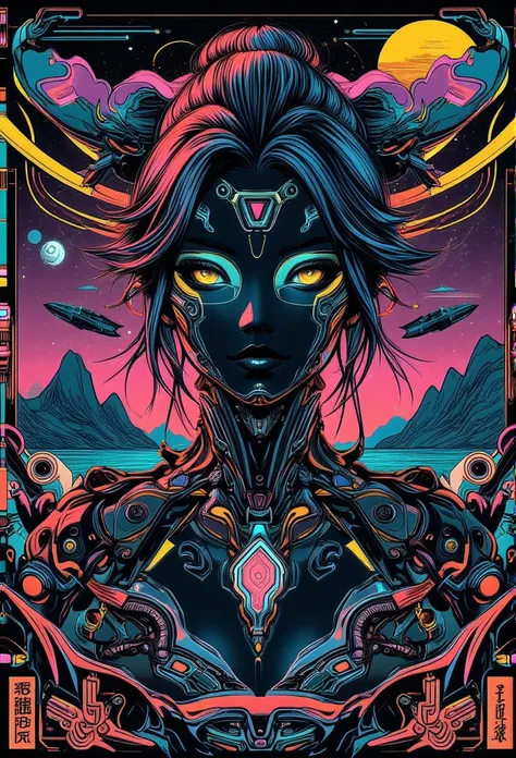 ((best quality)), ((masterpiece)), (detailed), perfect face of cyberpunk mecha japanese girl, neon rainbow eyes, metallic black body, rainbow hair, ((monochromatic neon rainbow color palette)), surreal, art nouveau, spaceships, aliens, fantasy, sci-fi, gra...