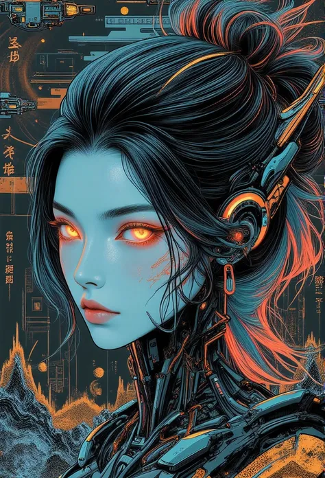 ((best quality)), ((masterpiece)), (detailed), perfect face of cyberpunk mecha japanese girl, neon rainbow eyes, metallic black body, rainbow hair, ((monochromatic neon rainbow color palette)), surreal, art nouveau, spaceships, aliens, fantasy, sci-fi, gra...