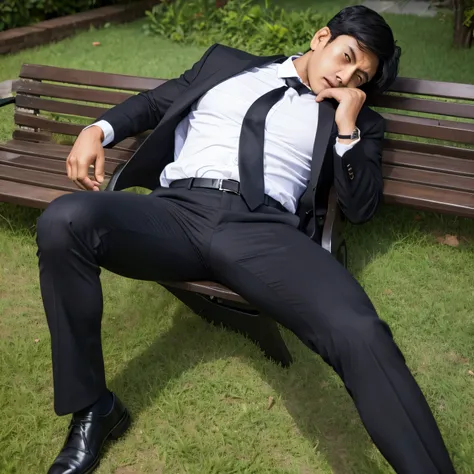 40 years old,One Man、Combatant、Black Shirt、Red tie、Black slim pants、garden、lawn　bench ,Black Hair、Very short hair、Sri Lankan face　Stubble、Father、View from below　Upper body close-up　The crotch area of my trousers is swollen
