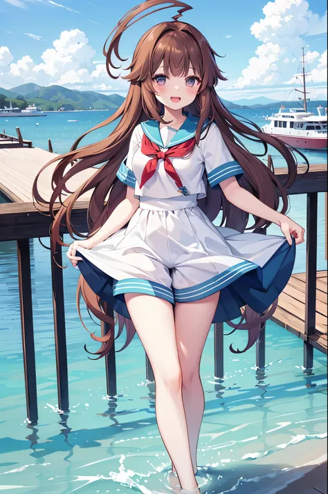 1young_teen_ girl,  brown_hair, long_hair, sailor_uniform,white_ baggy_shorts, short_sleeve, thighs, small_breasts, big_smile, open_mouth, standing, harbor_background, slightly_spread_legs, happiness, covered_crotch,ahoge,XD,exciting,