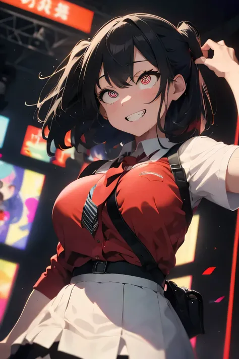 Ultra-high resolution, anatomically correct ,detailed eyes masterpiece, 8k, Best Quality,solo attractive woman,black hair,(red Eyes),school uniform,(Huge breasts),on stage,singing,grin,(upper body)