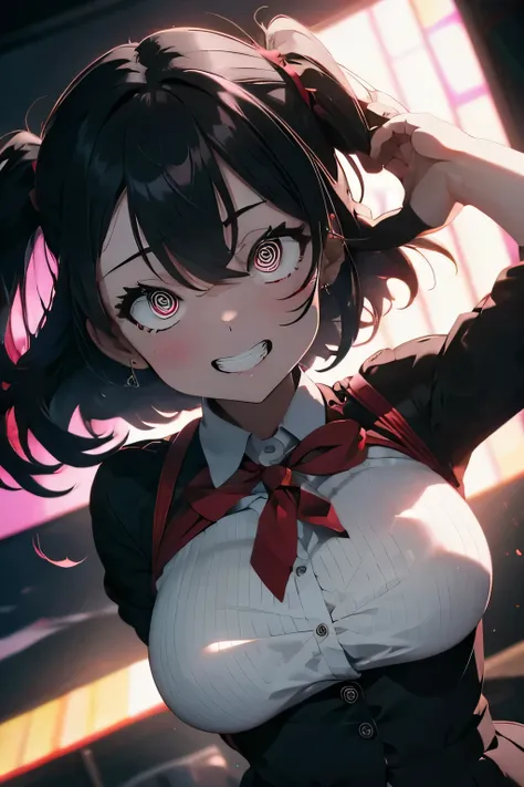 Ultra-high resolution, anatomically correct ,detailed eyes masterpiece, 8k, Best Quality,solo attractive woman,black hair,(red Eyes),school uniform,(Huge breasts),on stage,singing,grin,(upper body)