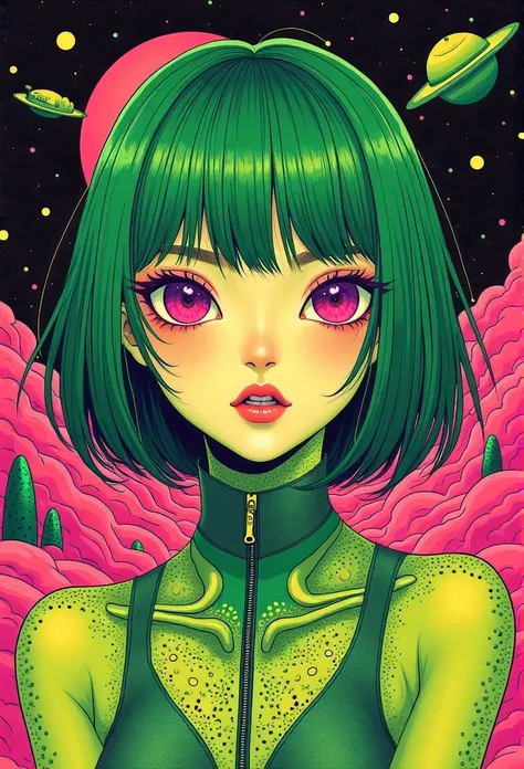 ((best quality)), ((masterpiece)), (detailed), perfect face of cyberpunk mecha japanese girl, neon pink eyes, neon green body, neon green hair, ((monochromatic neon pink, yellow, and green color palette)), surreal, art nouveau, in the illustrative style of...