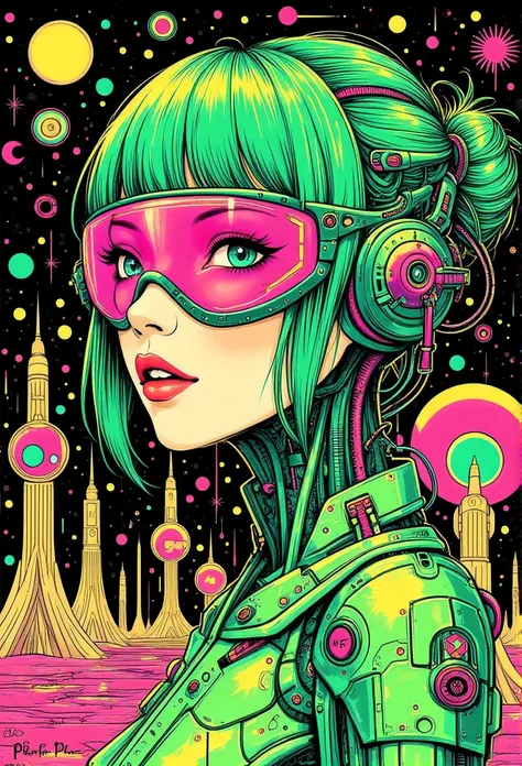 ((best quality)), ((masterpiece)), (detailed), perfect face of cyberpunk mecha japanese girl, neon pink eyes, neon green body, neon green hair, ((monochromatic neon pink, yellow, and green color palette)), surreal, art nouveau, in the illustrative style of...