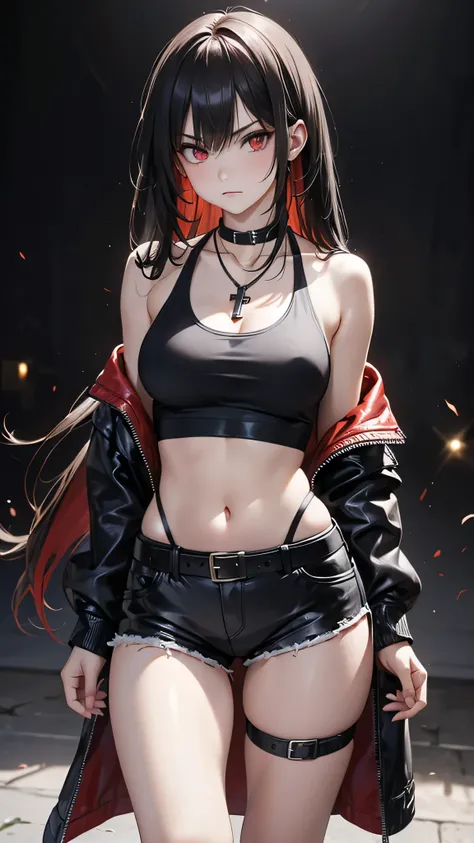 Adult women, Alone, sexy,8K resolution,((Best Quality)),Ultra-high resolution, (Angry face), (Red eyes), A beautiful, symmetrical face, ( black straight long hair),Tank tops,punk jacket ,Shorts,Realistic:1.4,Realistic:1.4,(masterpiece:1.2),Perfect Eyes,Per...