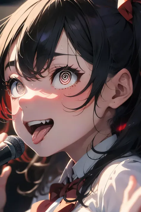 Ultra-high resolution, anatomically correct ,detailed eyes masterpiece, 8k, Best Quality,solo attractive idol,black hair,(red Eyes),school uniform,(Huge breasts),on stage,singing,stand mic,grin,(upper body),tongue out,sweaty,drool