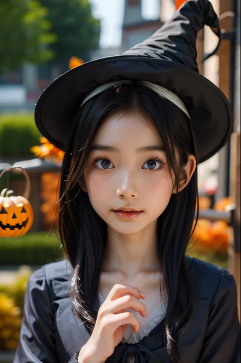 (Beautiful Japanese female), dressed as Halloween witch, cute face, (deeply carved face:0.7), (freckles:0.6), soft light, healthy white skin, shy, bob, (serious face), (sparkling eyes), wearing gothic Halloween dress and witch hat, black and orange theme, ...