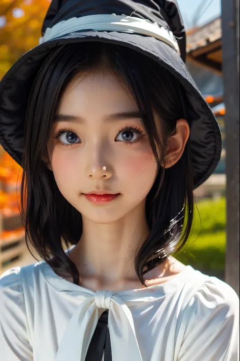 (Beautiful Japanese female), dressed as Halloween witch, cute face, (deeply carved face:0.7), (freckles:0.6), soft light, healthy white skin, shy, bob, (serious face), (sparkling eyes), wearing gothic Halloween dress and witch hat, black and orange theme, ...