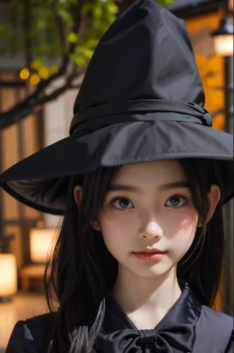 (Beautiful Japanese female), dressed as Halloween witch, cute face, (deeply carved face:0.7), (freckles:0.6), soft light, healthy white skin, shy, bob, (serious face), (sparkling eyes), wearing gothic Halloween dress and witch hat, black and orange theme, ...