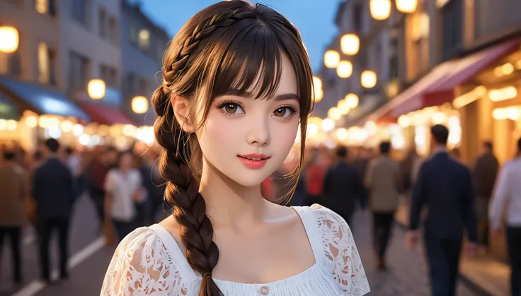 best quality, Reality, 1 Girl, Miss,(Skin dentition), Medium breasts, (bright), (Professional lighting, Bokeh), (street), people, crowd, Braided Bangs, (women&#39;s shirts:1.5), (Wear:0.8), Gorgeous, bloom, Flowing hair, (Dynamic poses:0.6) , soft light, 