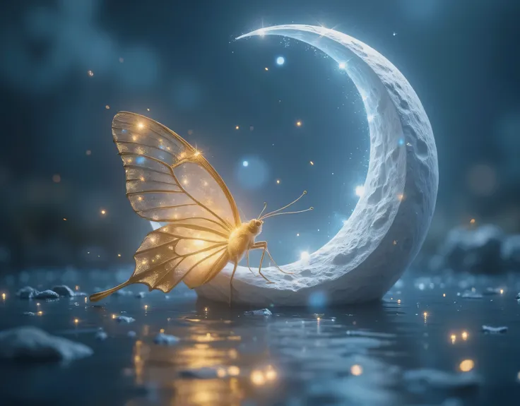 A glowing golden butterfly rests delicately on a silver crescent moon, illuminated by soft blue moonlight, against a serene azure sky, capturing a tranquil, magical atmosphere in ethereal digital art.