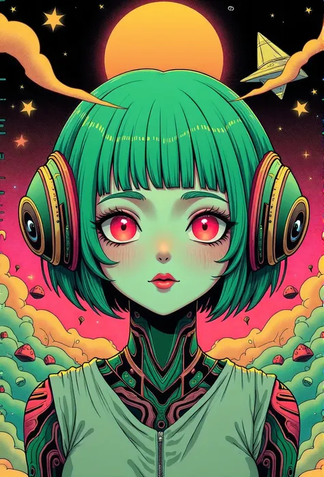 ((best quality)), ((masterpiece)), (detailed), perfect face of cyberpunk mecha japanese girl, neon pink eyes, neon green body, neon green hair, ((monochromatic neon pink, yellow, and green color palette)), surreal, art nouveau, in the illustrative style of...