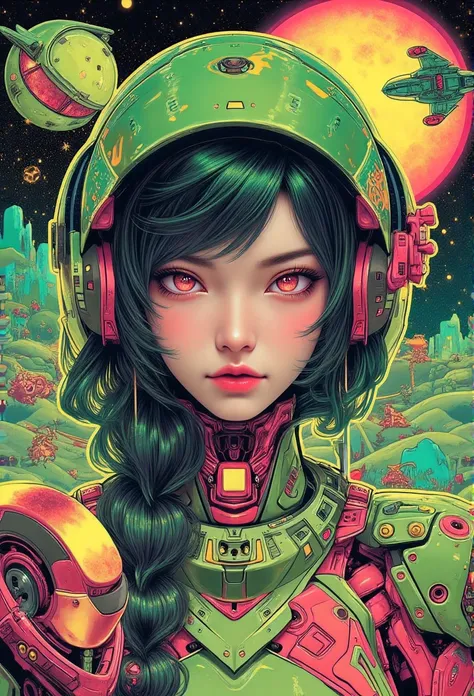 ((best quality)), ((masterpiece)), (detailed), perfect face of cyberpunk mecha japanese girl, neon pink eyes, neon green body, neon green hair, ((monochromatic neon pink, yellow, and green color palette)), surreal, art nouveau, in the illustrative style of...