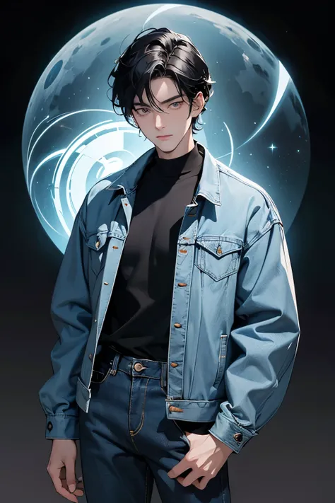 A handsome man. Detailed drawing of the face. Eighteen years old. Black hair. He is looking at the camera with a serious expression. He wears blue jeans as a jacket. He is standing in the city at night. The image is that there is a circular hole in the spa...