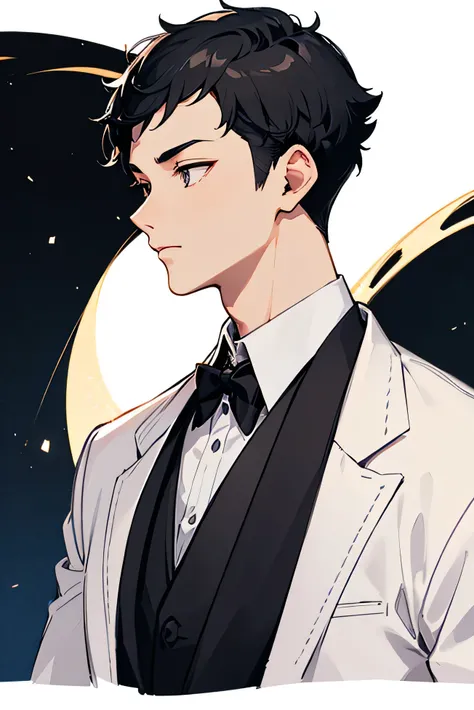 Japanese　　Handsome　Short cut　Shaved head　Black Hair　male　Black Tuxedo　formal　 upper body　Background Universe　Short cut　Shaved head　Mega