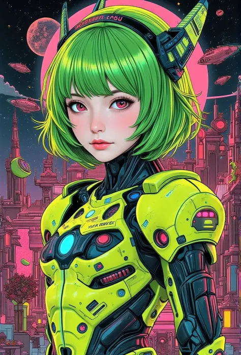 ((best quality)), ((masterpiece)), (detailed), perfect face of cyberpunk mecha japanese girl, neon pink eyes, neon green body, neon green hair, ((monochromatic neon pink, yellow, and green color palette)), surreal, art nouveau, in the illustrative style of...