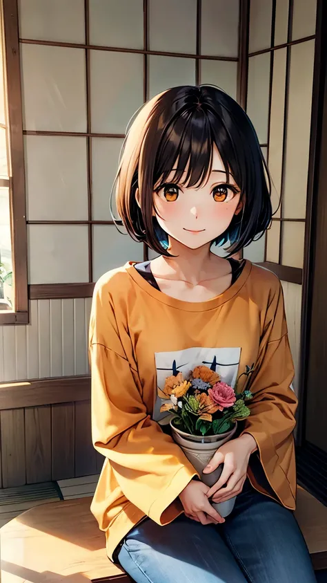 An anime-style 25-year-old Japanese mother named Shiori with a fluffy orange bob cut and gentle brown eyes. She is wearing an orange long-sleeved T-shirt and blue jeans, complemented by comfortable slippers. She is barefoot and depicted from head to toe in...