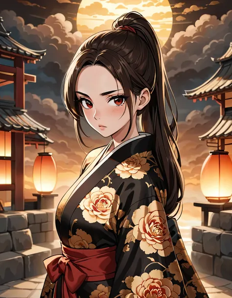 1 FEMME MATURE, full body, brown dominant, dark brown kimono with dark yellow cloud patterns, A delicate oval-shaped face with pale skin, her sharp almond-shaped eyes are a deep dark red eyes reflecting sadness, thin eyebrows and high cheekbones, long stra...