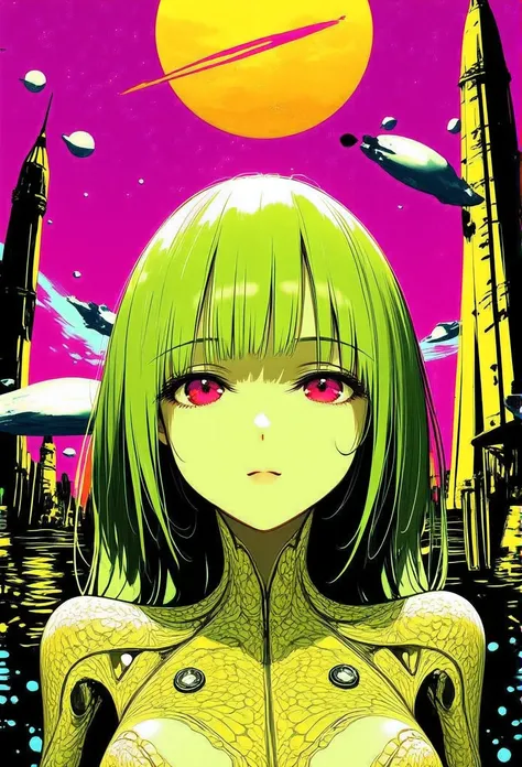 ((best quality)), ((masterpiece)), (detailed), perfect face of cyberpunk mecha japanese girl, neon pink eyes, neon green body, neon green hair, ((monochromatic neon pink, yellow, and green color palette)), surreal, art nouveau, in the illustrative style of...