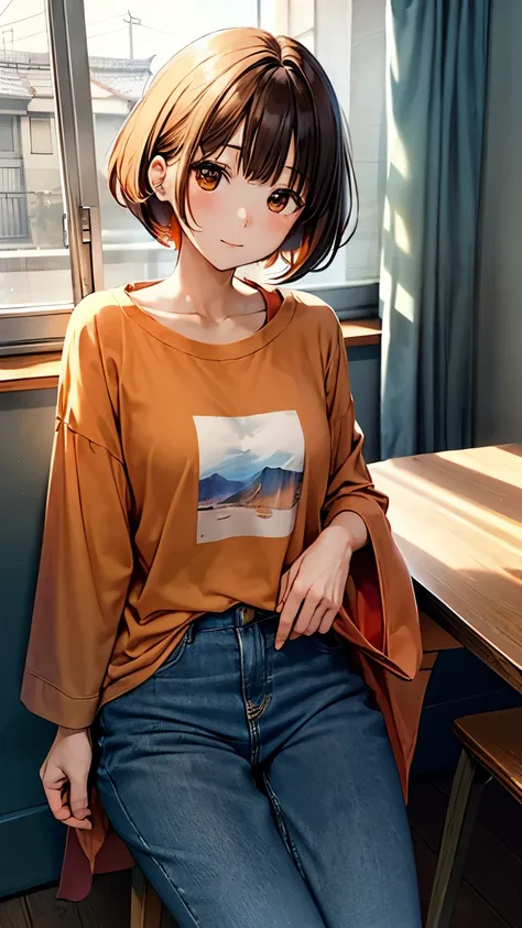 An anime-style 25-year-old Japanese mother named Shiori with a fluffy orange bob cut and gentle brown eyes. She is wearing an orange long-sleeved T-shirt and blue jeans, complemented by comfortable slippers. She is barefoot and depicted from head to toe in...