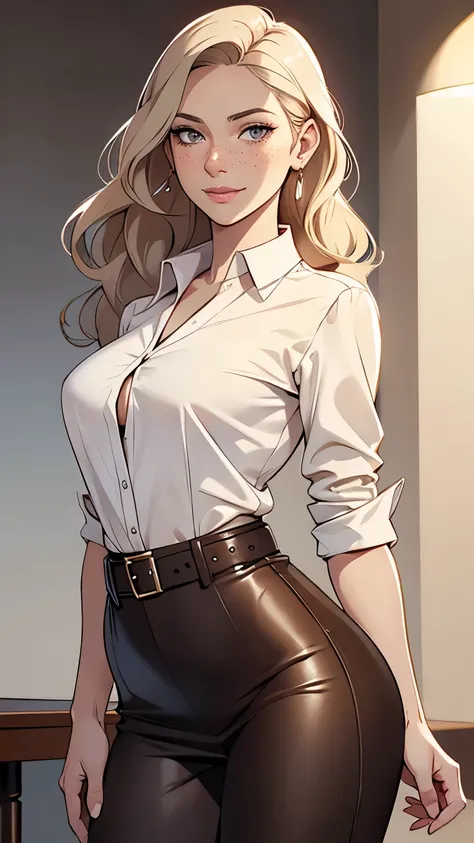 a close up of a woman in a skirt and a shirt, leather, middle shot waist up, leather top, pencil skirt, her hand is on her waist, business outfit, waist - shot, very sexy outfit, sexy outfit, leather pants with a belt, leather belt, well - detailed outfit,...