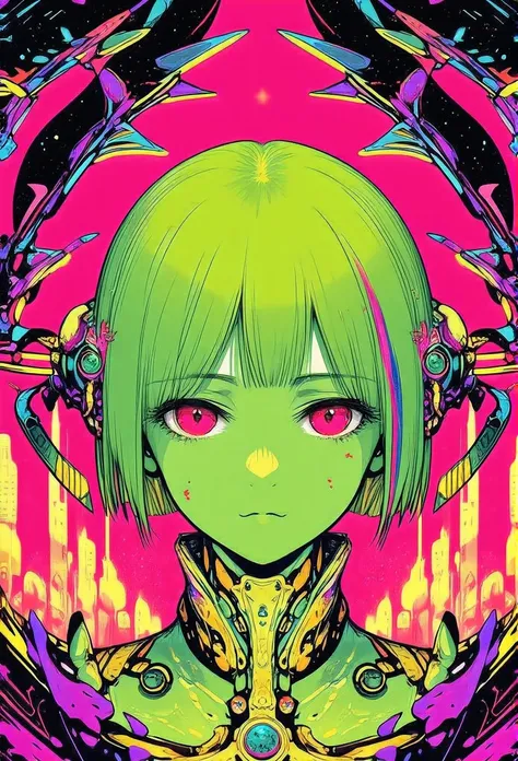 ((best quality)), ((masterpiece)), (detailed), perfect face of cyberpunk mecha japanese girl, neon pink eyes, neon green body, neon green hair, ((monochromatic neon pink, yellow, and green color palette)), surreal, art nouveau, in the illustrative style of...