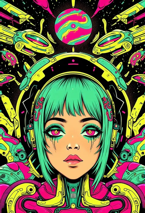 ((best quality)), ((masterpiece)), (detailed), perfect face of cyberpunk mecha japanese girl, neon pink eyes, neon green body, n...