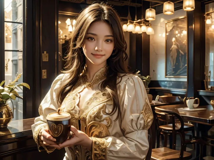 (1girl), 
((Woman making delicious coffee )),
(holds a coffee cup on one hand), 

Looking at the camera, 
Finish as shown in the photo, 
cinematic lighting,

(photo realistic:1.35),  masterpiece, best quality, CG, wallpaper, HDR, high quality, high-definit...