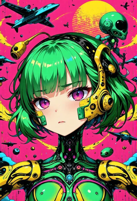 ((best quality)), ((masterpiece)), (detailed), perfect face of cyberpunk mecha japanese girl, neon pink eyes, neon green body, neon green hair, ((monochromatic neon pink, yellow, and green color palette)), surreal, art nouveau, in the illustrative style of...