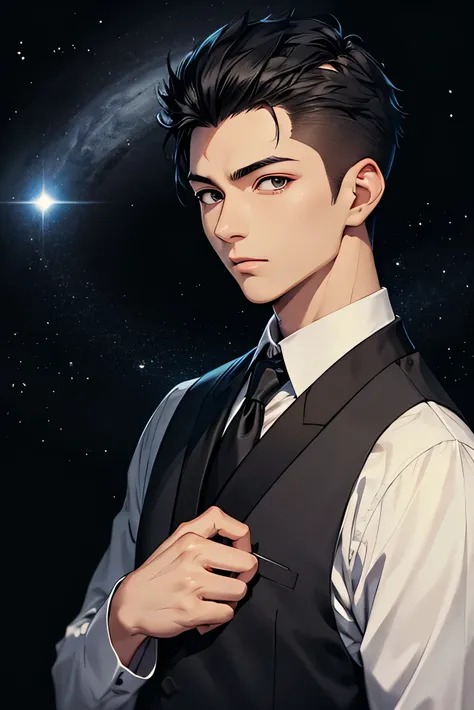 Japanese　　Handsome　Short cut　Shaved head　Black Hair　male　Black Tuxedo　formal　 upper body　Background Universe　Short cut　Shaved head　