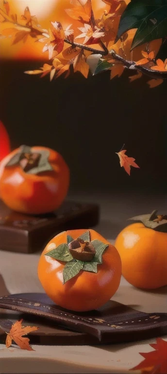  two persimmons on the table ，There are leaves on it ,  food photography 4k , Food 4k, Professional Fruit Photography, 4k food photography, 4k food photography, HD Food Photography,  4k polymer clay food photography,  amazing food photography , High-qualit...