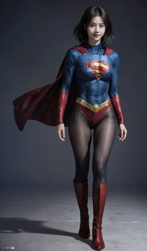 No background、(((Beautiful legs in black tights.)))、(((Legally Express the Beauty of Your Smile)))、((((Make the most of your original images)))、((( Supergirl Costume)))、(((Beautiful short bob hair)))、(((suffering)))、(((Please wear black tights....、Wear red...